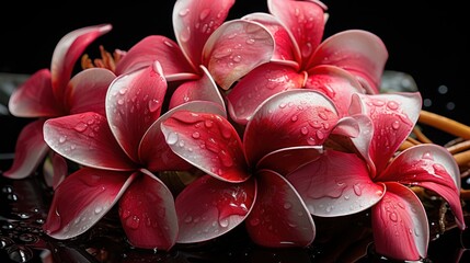 Plumeria flowers with water drops on black background, spa concept. Springtime Concept. Valentine's...