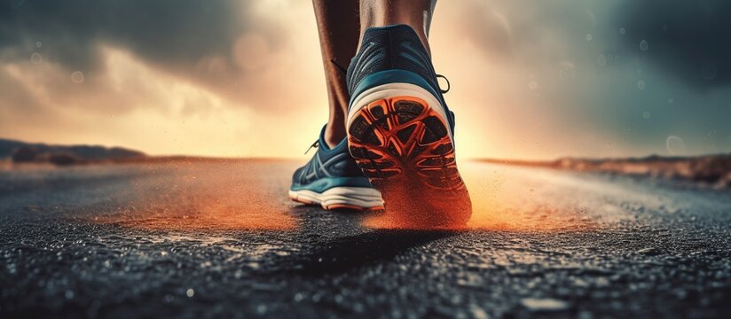 Close up an athlete runner feet running on road shoes AI generated image