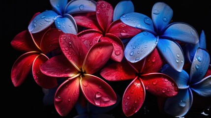 Frangipani or Plumeria flowers with water drops on black background. Springtime Concept....