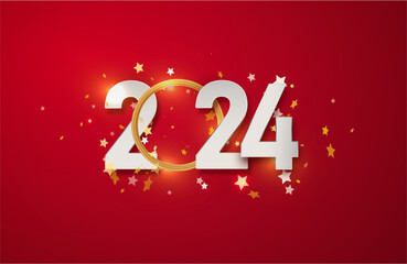 Happy new year 2024 design illustration of paper numbers on red background. Simple design happy new year 2024. Vector