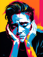 Naklejka premium Colourful pop art detail of faces expressing deep emotion and sadness. Depressive states of mind illustrated.