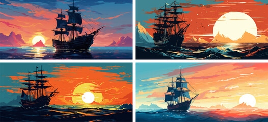 celestial mysterious painting shine seascape canvas artwork ship oil romantic sunrise horizon  - obrazy, fototapety, plakaty