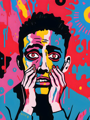 Colourful pop art detail of faces expressing deep emotion and sadness. Depressive states of mind illustrated.