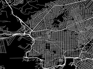Obraz premium Vector road map of the city of Keratsini in Greece with white roads on a black background.