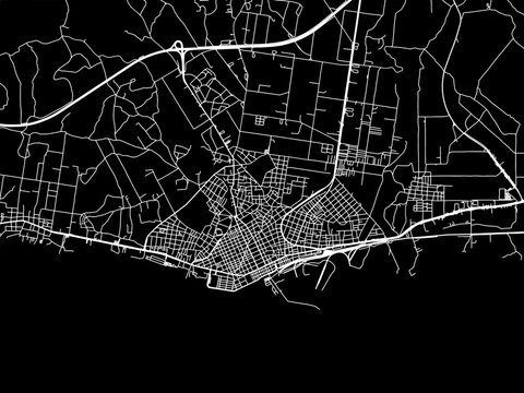 Vector road map of the city of Alexandroupoli in Greece with white roads on a black background.