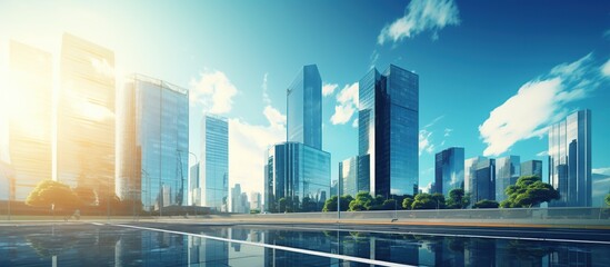 High glass building tower office skyscrapers in city view sunny day blue sky