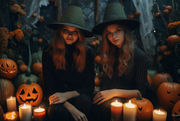 Adorable Little Girls Wearing Spooky Witch Costumes for Halloween Trick-or-Treating Adventures AI generated