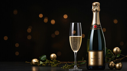 Bottle of champagne and glasses on black background with christmas decorations.