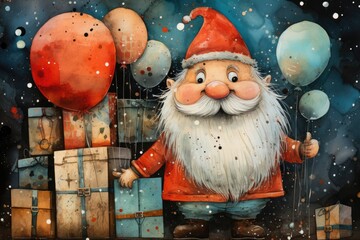 Christmas greeting card  with santa claus. Watercolor