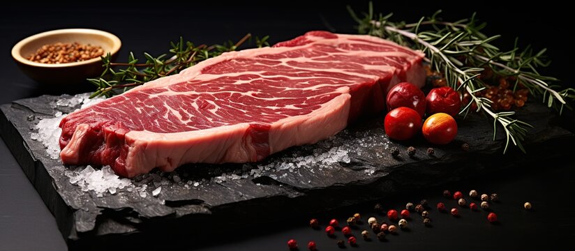 Raw rib eye beef steak. AI generated image