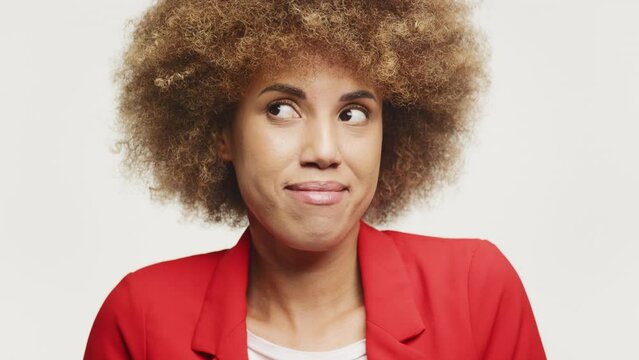 Woman Shrugging Shoulders Portrait on White Background