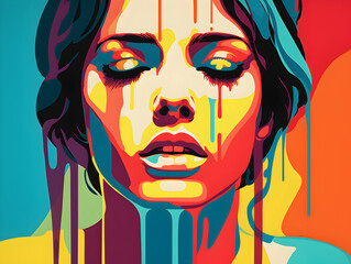 Colourful pop art detail of faces expressing deep emotion and sadness. Depressive states of mind illustrated.