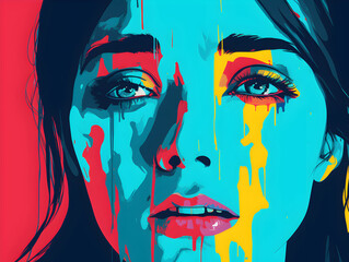 Colourful pop art detail of faces expressing deep emotion and sadness. Depressive states of mind illustrated.