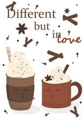 Autumn banner template with different but in love inscription. Illustration of pumpkin spice latte to go and in cup with whipped cream with cute faces. Greeting seasonal card with drinks and cinnamon 