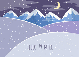 Fototapeta premium Snowy night landscape illustration. Snow-capped mountains in the fog under the moon. Seasonal hello winter banner