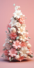Christmas tree made of blooming flowers on pastel pink background.