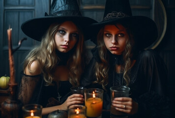 Two Young and Gorgeous Women Dressed as Spooky Witches for Halloween Festivities AI generated