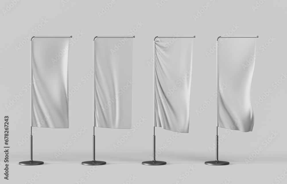 Poster white vertical rectangle banner flags and pennants on pole 3d render icon set. realistic mockup of b