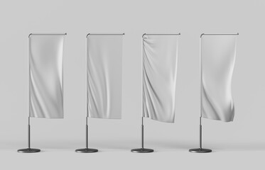 White vertical rectangle banner flags and pennants on pole 3d render icon set. Realistic mockup of blank fabric promotion posters, advertising textile banners on metal black pillars. 3D illustration