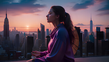 young woman looks for concentration in a chaotic city like New York - meditation - concentration - relax