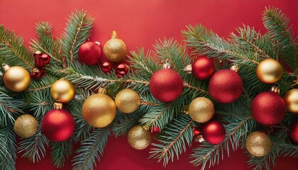 Fototapeta na wymiar Flat lay with pine tree branches with red and golden christmas balls isolated on red