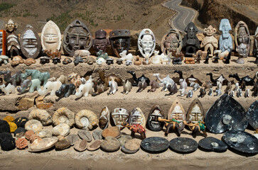Traditional moroccan street market with fossils and african  masks in Morocco