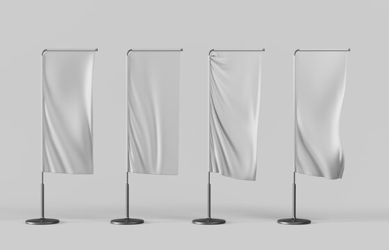 White vertical rectangle banner flags and pennants on pole 3d render icon set. Realistic mockup of blank fabric promotion posters, advertising textile banners on metal black pillars. 3D illustration