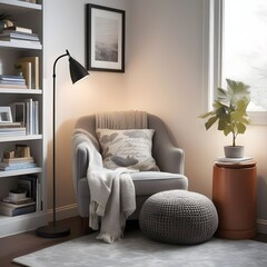 Cozy Reading Nook: Capture a cozy corner filled with soft cushions, a well-lit reading lamp, and a bookshelf, creating an inviting space for relaxation.

