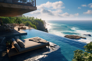 Fototapeta premium An infinity pool perched on a cliff with breathtaking ocean views. Concept of luxury and relaxation. Generative Ai.