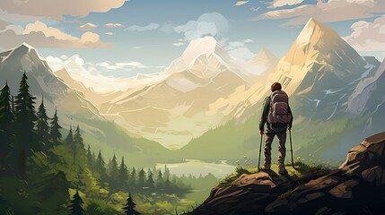 Illustration of a man embarking on a solo adventure, hiking up a giant mountain and standing triumphantly in front of the towering peak, capturing the essence of personal achievement and the grandeur  - obrazy, fototapety, plakaty
