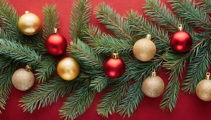 Obraz na płótnie Canvas Flat lay with pine tree branches with red and golden christmas balls isolated on red