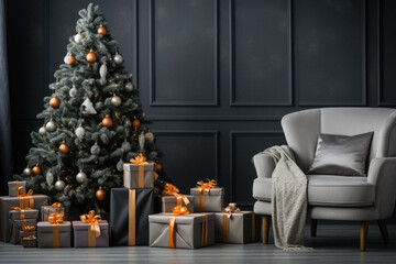 Beautiful living room interior with Christmas tree, armchair and gifts.