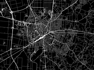 Vector road map of the city of Debrecen in Hungary with white roads on a black background.