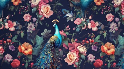 liberty style wallpaper with peacocks and jewel toned.Generative AI - obrazy, fototapety, plakaty