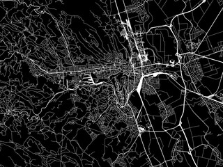 Vector road map of the city of Miskolc in Hungary with white roads on a black background.