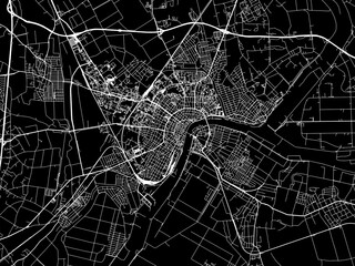 Vector road map of the city of Szeged in Hungary with white roads on a black background. - obrazy, fototapety, plakaty