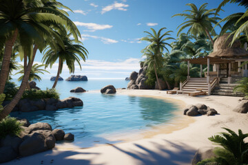 Fototapeta premium A resort pool with a sandy beach entrance, simulating a coastal experience. Concept of beachside relaxation. Generative Ai.