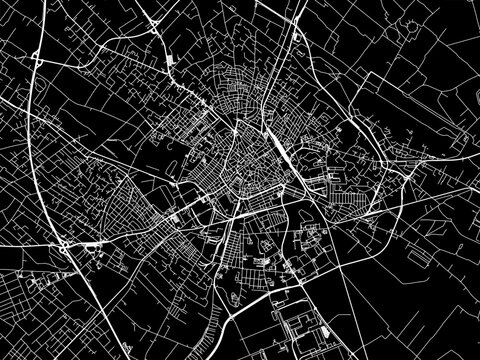 Vector road map of the city of Kecskemet in Hungary with white roads on a black background.