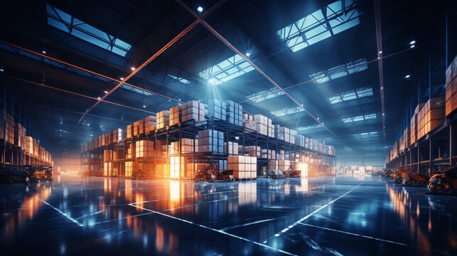Organized  Modern logistic Warehouse Interior with Stacked Pallets, Forklifter and Boxes