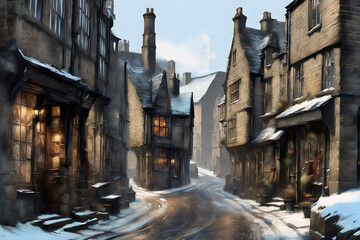 winter scene in a snow covered old-fashioned english town street with snow covered road and old shops with lights in the windows
