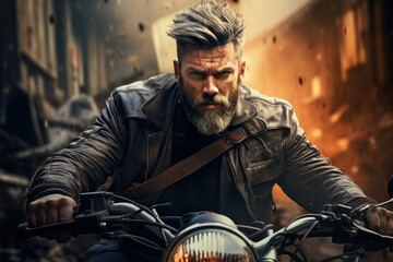 A rugged tough guy with a scruffy beard and a leather jacket, revving the engine of his motorcycle. Concept of biker rebellion. Generative Ai. - obrazy, fototapety, plakaty