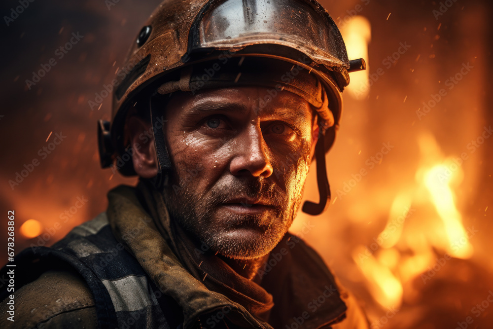 Sticker A stoic tough guy firefighter entering a burning building to save lives. Concept of heroism and selflessness. Generative Ai.