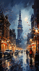 Rain-Glistened Streets with Historic Tower and Autumn Leaves at Dusk