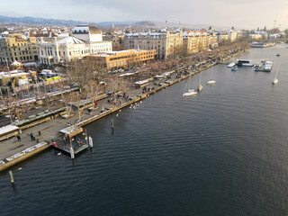 Drone view at the center of Zurich on Switzerland