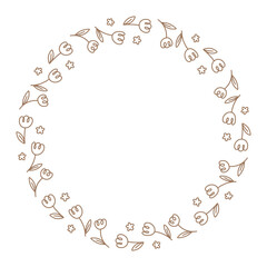 floral Botanical circle frame. Hand drawn round doodle line border, leaves and flowers wedding invitation and cards logo design and posters template. Elegant minimal style floral vector 