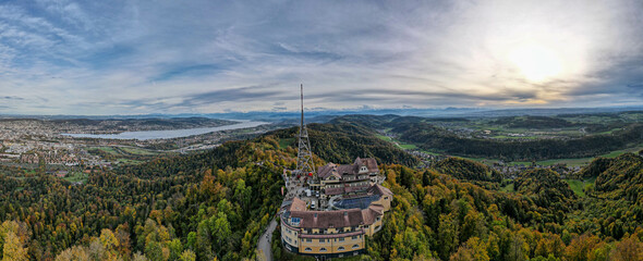 Drone view from mount Uetliberg to Zurich in Switzerland