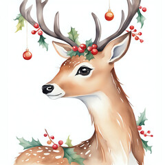  A watercolor painting of a deer with a holly leaves.  Christmas watercolor background. Holiday card template. Generative AI illustration