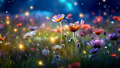 Wild flower field in the night magical lights. Summer meadow. Fantastical fantasy background of...