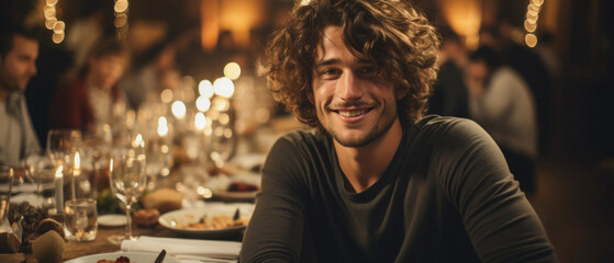Handsome young man smiling while having dinner in restaurant. Blurred background. - obrazy, fototapety, plakaty