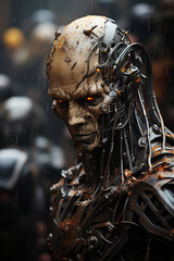 Close-Up of a Weathered Cyborg Face with Piercing Red Eyes in the Rain